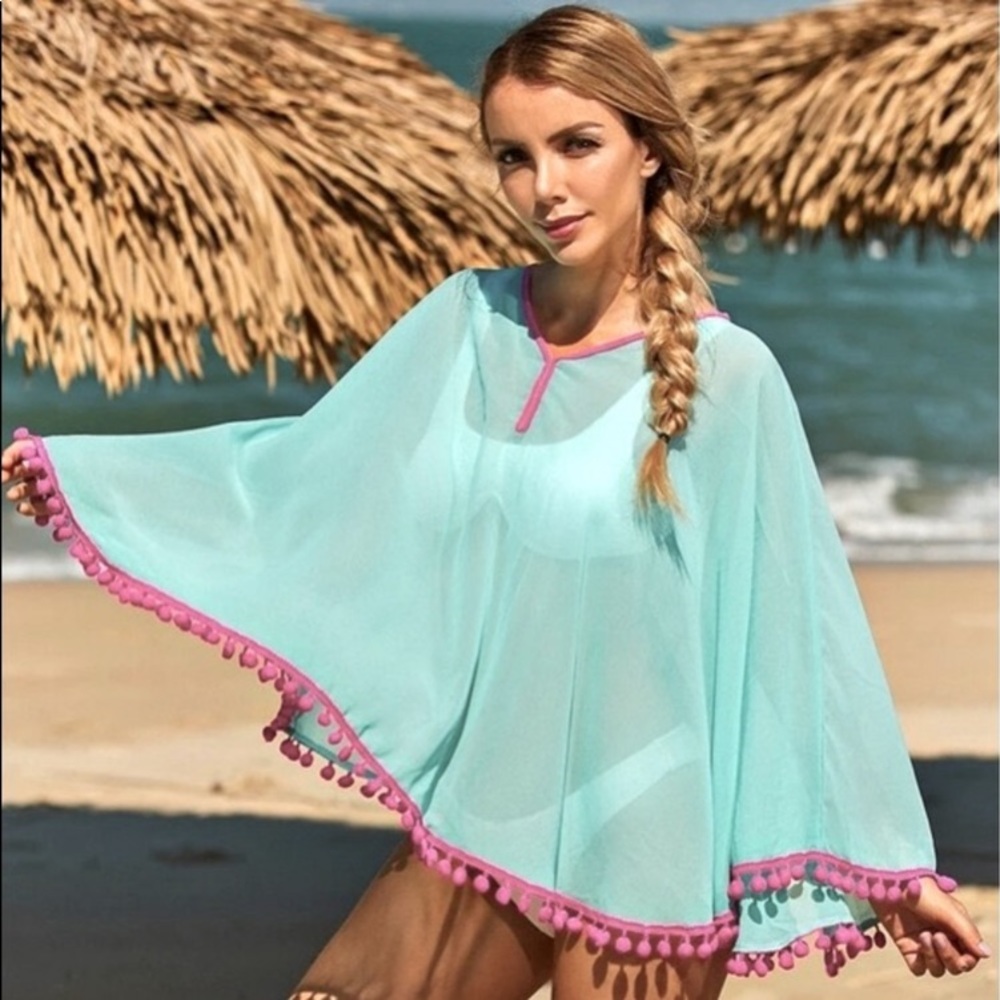 ✌🏼 #1319 Chiffon Pom Pom Trim Bath Suit Cover Up